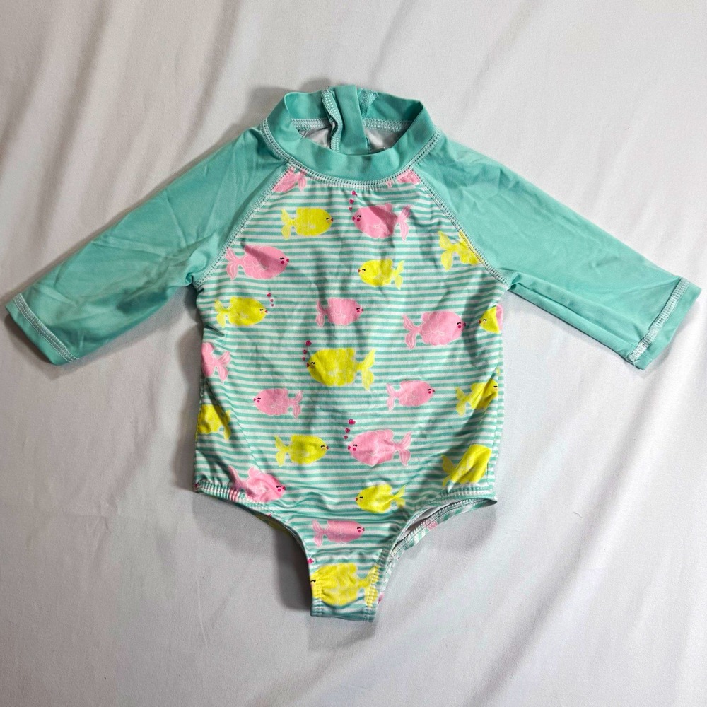Wippette Unisex 12-18M One-Piece Rash Guard Swimsuit Aqua Stripe Fish Half Zip